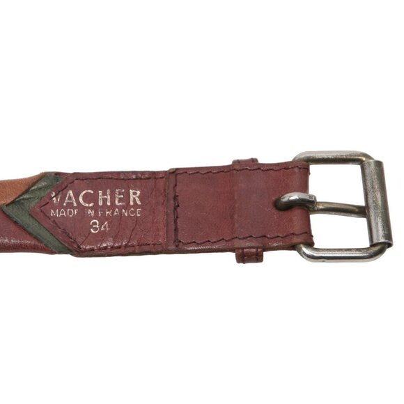 Vintage Vacher France Leather Belt Patchwork Diamond 80s Soft Brown Yellow Green - Picture 6 of 9